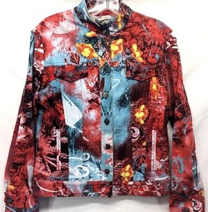 Design By St John Sport Marie Gray Button Up Jean Jacket Luxury Pop Art To Wear